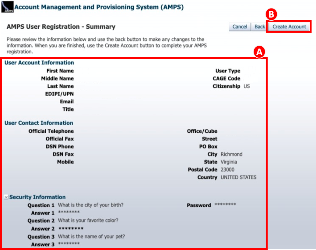 AMPS User Registration - Summary screen where the user confirms account, contact and security information before selecting the Create account button.