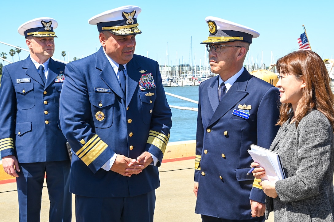 U.S. Coast Guard Vice Adm. Andrew Tiongson, commander, U.S. Coast Guard Pacific Area, discusses Coast Guard missions and operations with Japan coast guard Vice Adm. Watanabe Yasunori, Japan coast guard vice commandant for operations, on Coast Guard Island, Alameda, Calif., May 9, 2024. Watanabe visited Coast Guard Pacific Area to finalize a trilateral letter of intent between U.S. Coast Guard, Japan and Korea coast guards, which will drive the three nations’ coast guards to work together to advance maritime safety, security and prosperity in the Indo-Pacific. (U.S. Coast Guard photo by Master Chief Petty Officer Charly Tautfest)