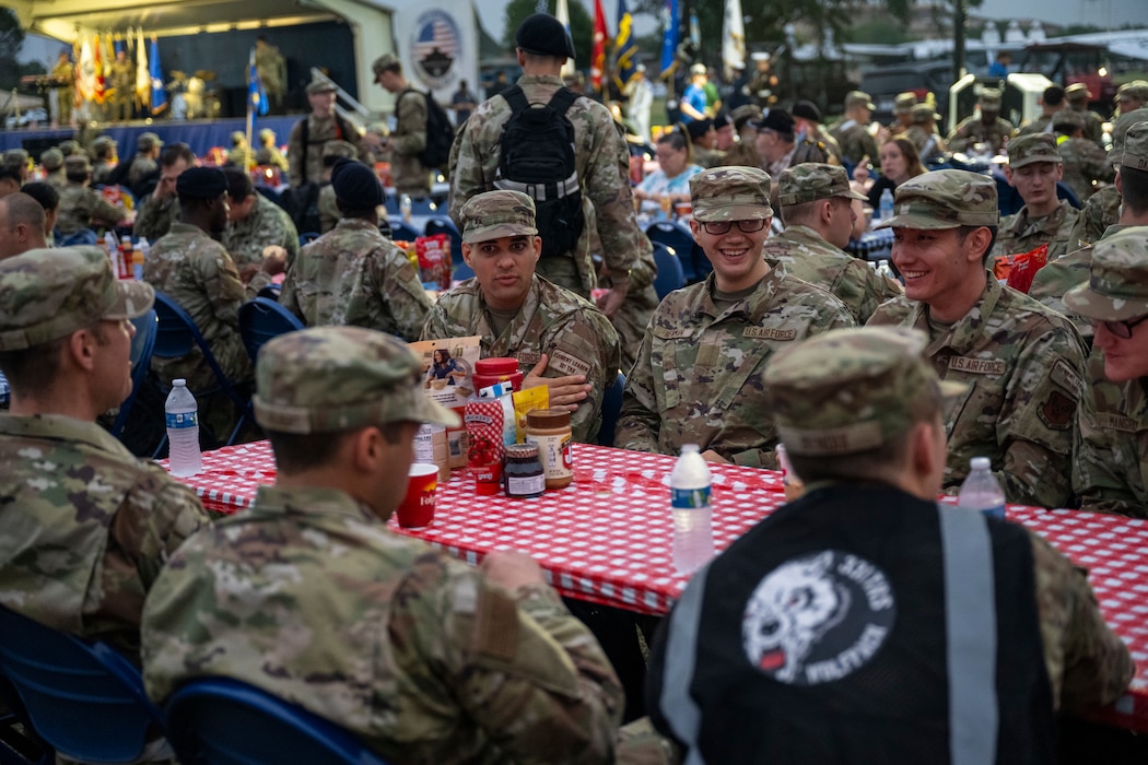 Trainees at basic military training unwind at the Defense Commissary Agency Mission Breakfast