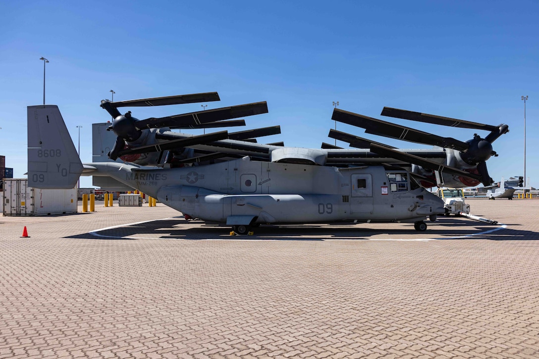 U.S. Marine Corps MV-22B Ospreys assigned to Marine Medium Tiltrotor Squadron 268 (Reinforced), Marine Rotational Force – Darwin 24.3, are staged at Port Darwin in preparation for MRF-D 24.3, Darwin, NT, Australia, May 8, 2024. Since the Osprey’s first deployment in 2007, its revolutionary capability has been a cornerstone of the Marine Air-Ground Task Force and fundamentally changed our ability to conduct assault support operations in support of the MAGTF, Naval, and Joint Force. (U.S. Marine Corps photo by Cpl. Earik Barton)