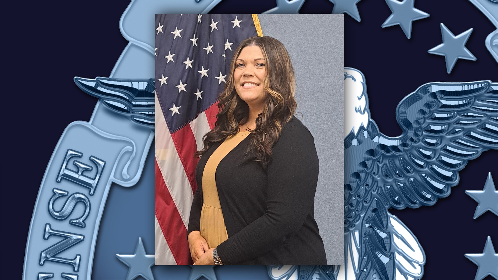 Photo of Melody Wright in front of flags.