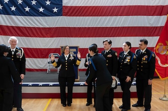 CHICAGO (May 8, 2024) – Chief of Naval Operations Adm. Lisa Franchetti talks with Navy Junior Reserve Officers Training Corps students at the Rickover Naval Academy High School in Chicago, May 8, 2024. During her discussion, Franchetti discussed the Navy’s mission and the unique career opportunities for young people. (U.S. Navy photo by Mass Communication Specialist 1st Class William Spears)