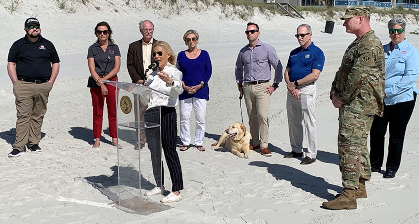 City of Jacksonville Mayor Donna Deegan makes remarks at the Duval Co. Beach Renourishment Project 2024 kick-off event, Aug. 29, 2024, in Jacksonville Beach, Florida.