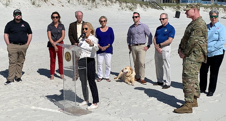 City of Jacksonville Mayor Donna Deegan makes remarks at the Duval Co. Beach Renourishment Project 2024 kick-off event, Aug. 29, 2024, in Jacksonville Beach, Florida.