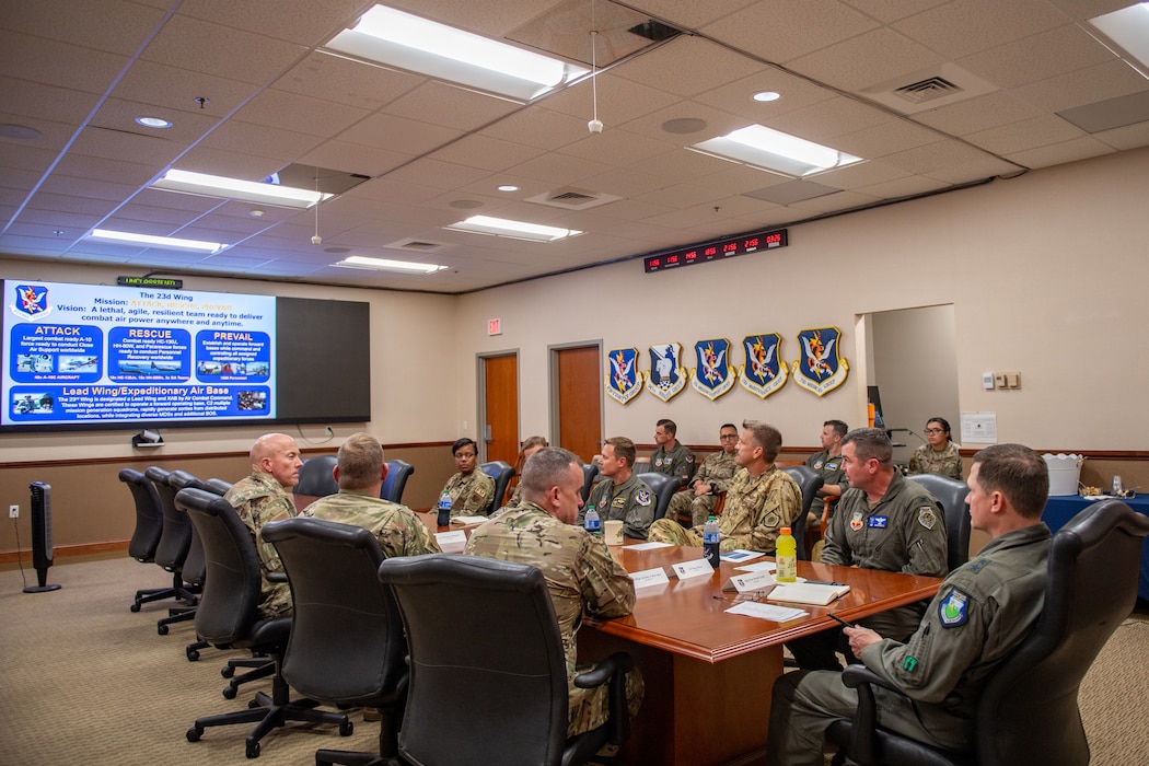 U.S. Air Force Maj. Gen. David Lyons, Fifteenth Air Force commander, far right, participates in a 23rd Wing mission brief at Moody Air Force Base, Georgia, May 1, 2024. The 23rd Wing’s mission is to produce a lethal, agile, resilient force ready to deliver combat air power anywhere anytime. (U.S. Air Force Photo by Senior Airman Courtney Sebastianelli)