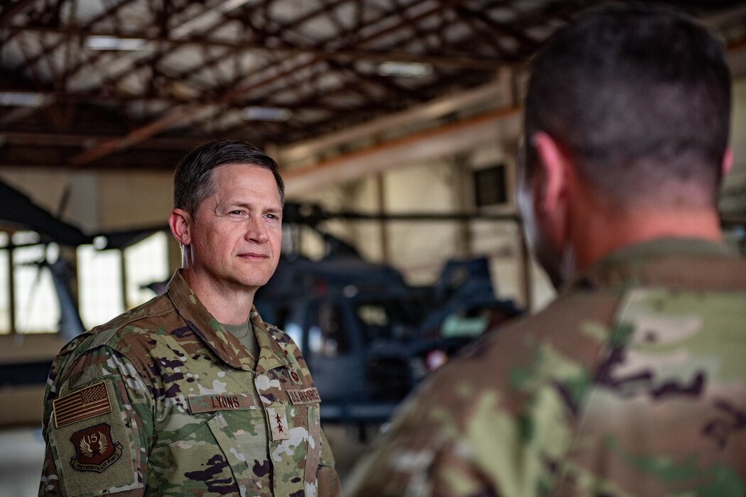 U.S. Air Col. Paul Sheets, 23rd Wing commander, right, briefs Maj. Gen. David Lyons, Fifteenth Air Force commander, during a base tour at Moody Air Force Base, Georgia, May 2, 2024. During his visit, Lyons and 23rd Wing leadership discussed future plans for Team Moody’s mission of Attack, Rescue, and Prevail. (U.S. Air Force Photo by Senior Airman Courtney Sebastianelli)