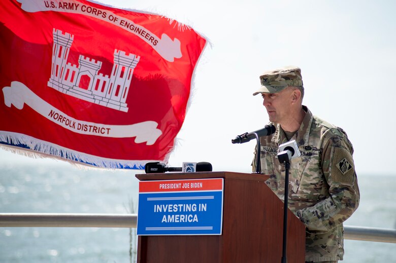 U.S. Army Corps of Engineers Norfolk District Commander, Col. Brian Hallberg, gives remarks during the Atlantic Ocean Channel (AOC) Phase II Groundbreaking Ceremony.