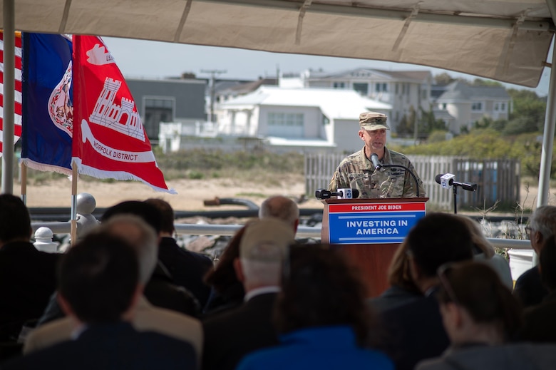 U.S. Army Corps of Engineers Norfolk District Commander, Col. Brian Hallberg, gives remarks during the Atlantic Ocean Channel (AOC) Phase II Groundbreaking Ceremony.