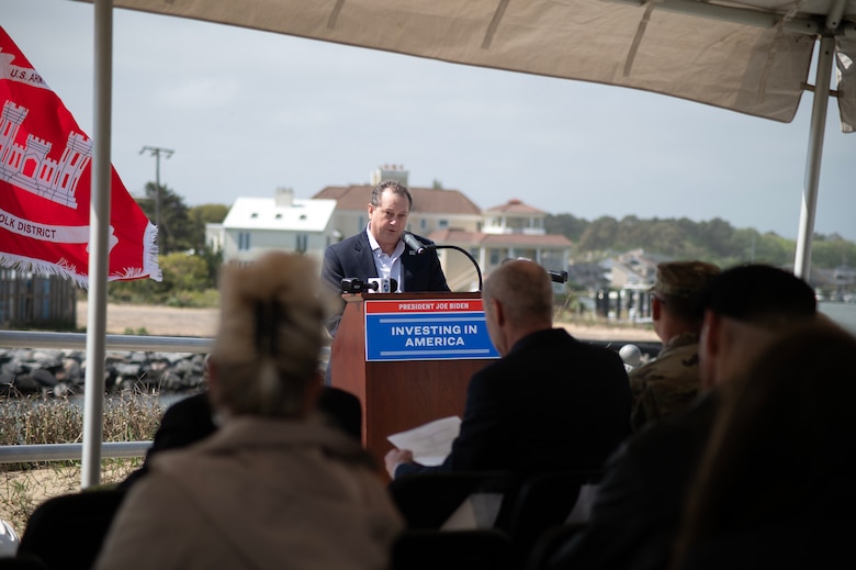 Virginia Maritime Association Executive Director, David White, gives remarks during the Atlantic Ocean Channel (AOC) Phase II Groundbreaking Ceremony.