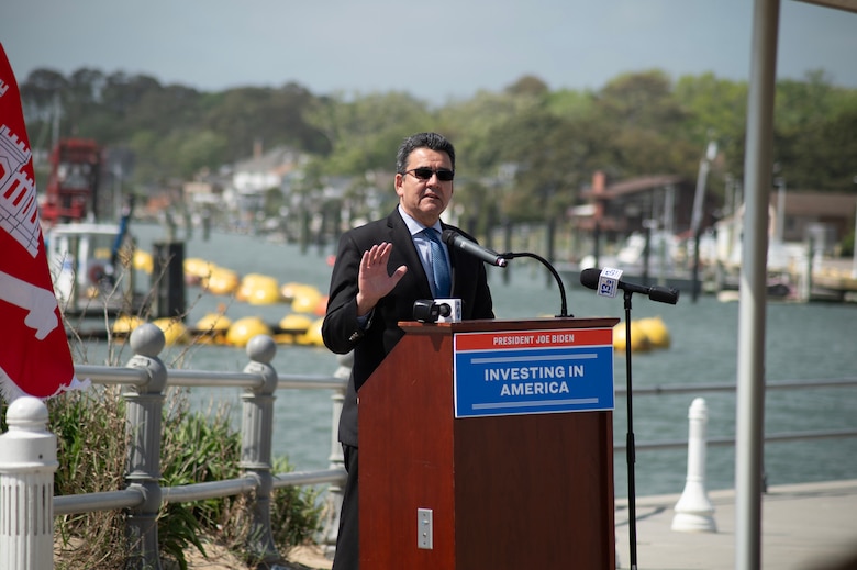 Michael Connor, from the Office of the Assistant Secretary of the Army, U.S. Army Corps of Engineers, gives remarks during the Atlantic Ocean Channel (AOC) Phase II Groundbreaking Ceremony.