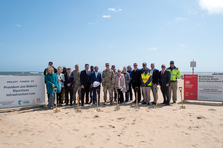 The U.S. Army Corps of Engineers Norfolk District team poses for a photo following the Atlantic Ocean Channel (AOC) Phase II Groundbreaking Ceremony held at the 2nd Street Municipal Park in Virginia Beach, Va.
