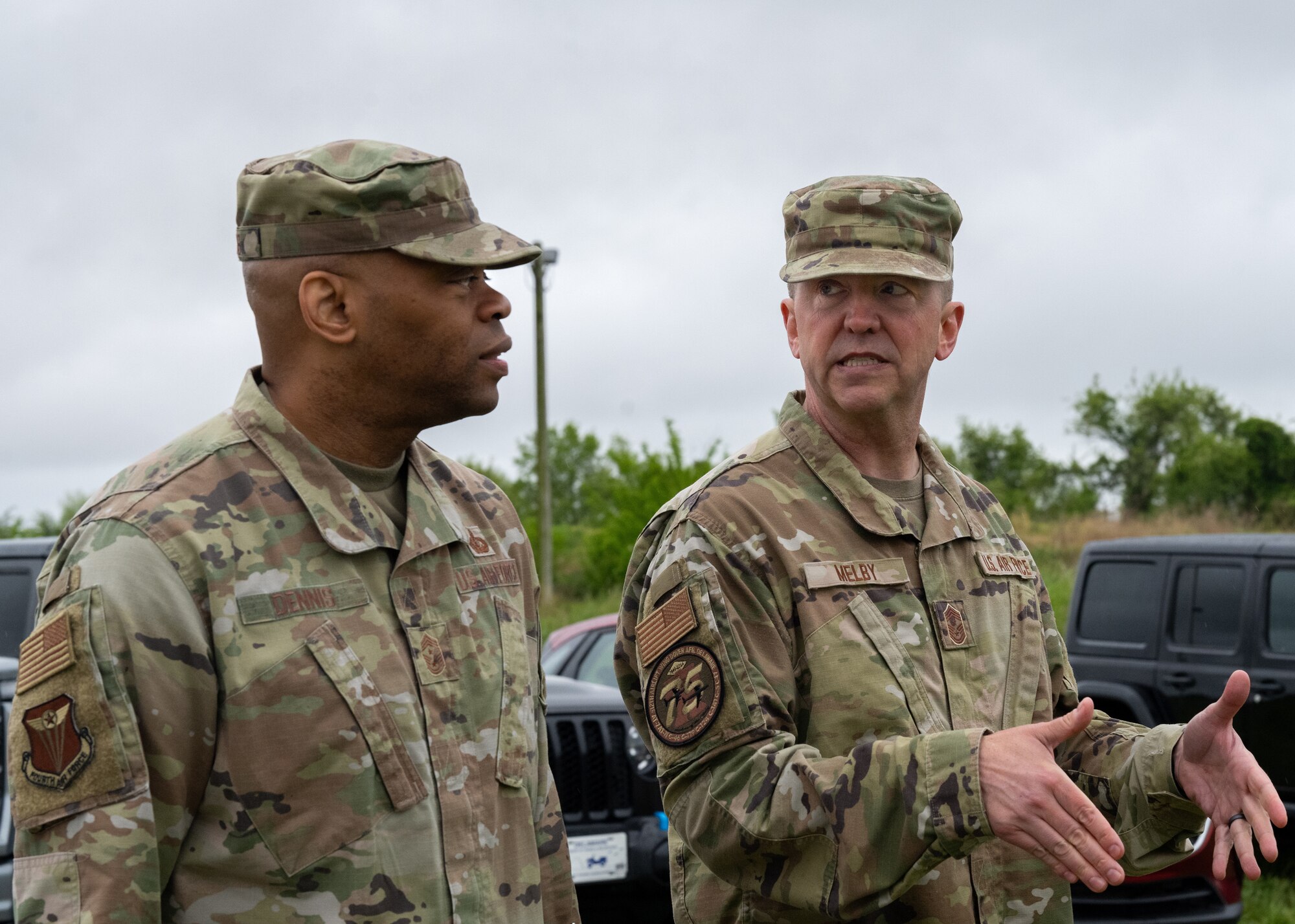 Chief Master Sgt. Travon Dennis, 4th Air Force command chief, March Air Reserve Base, California, speaks with Airmen assigned to the 512th Memorial Affairs Squadron on Dover Air Force Base, Delaware, May 5, 2024. The 512th MAS supports the Air Force Mortuary Affairs Operation’s mission of returning fallen service members home to their families with dignity, honor and respect. (U.S. Air Force photo by Staff Sgt. Kalee Sexton)