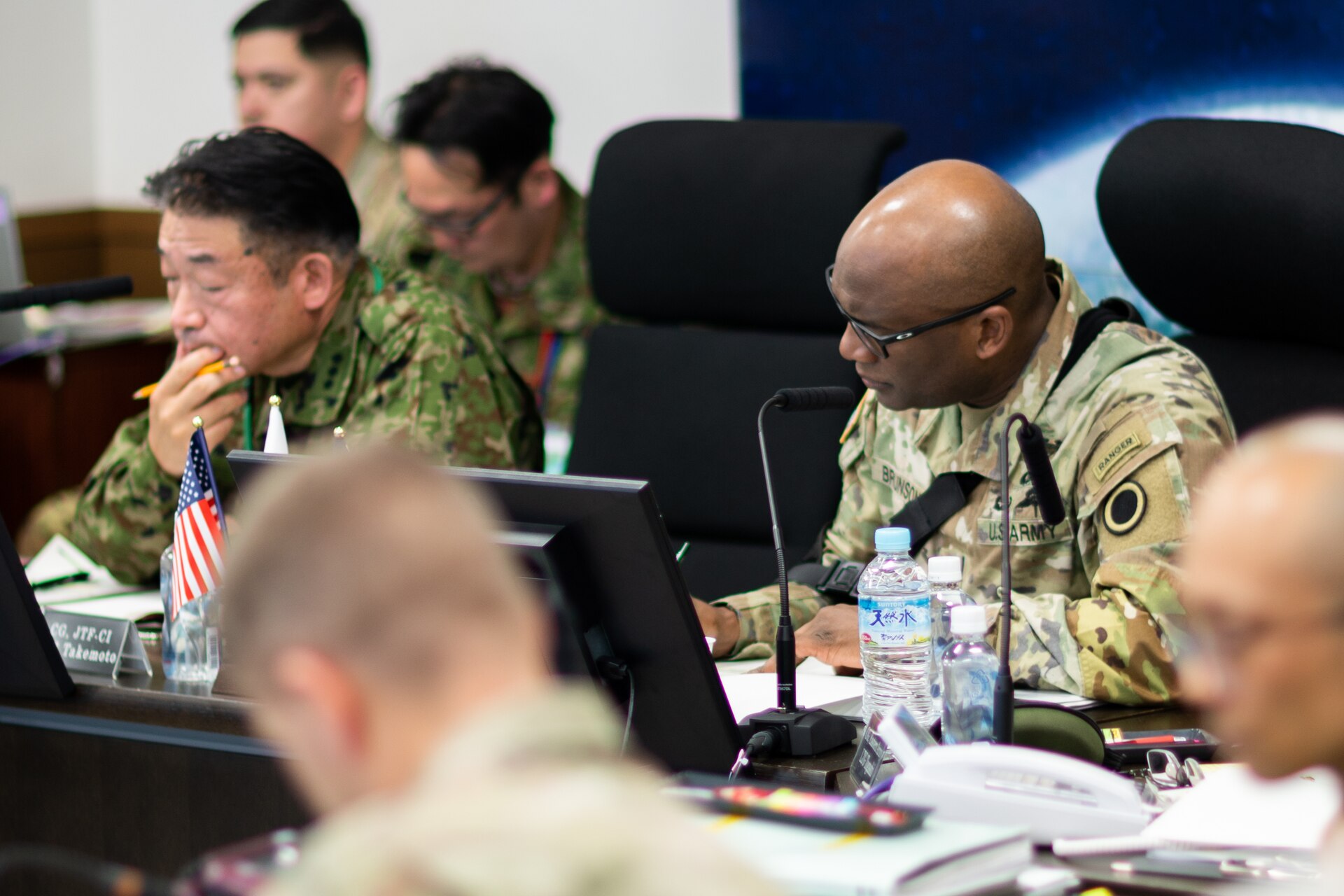 U.S. Army Lt. Gen. Xavier T. Brunson, the commanding general of America’s First Corps, and Lt. Gen. Ryoji Takemoto, the commanding general of the Japan Ground Self-Defense Force Ground Component Command, during a bilateral combined arms rehearsal in Camp Asaka, Saitama, Japan, Dec. 4, 2023.