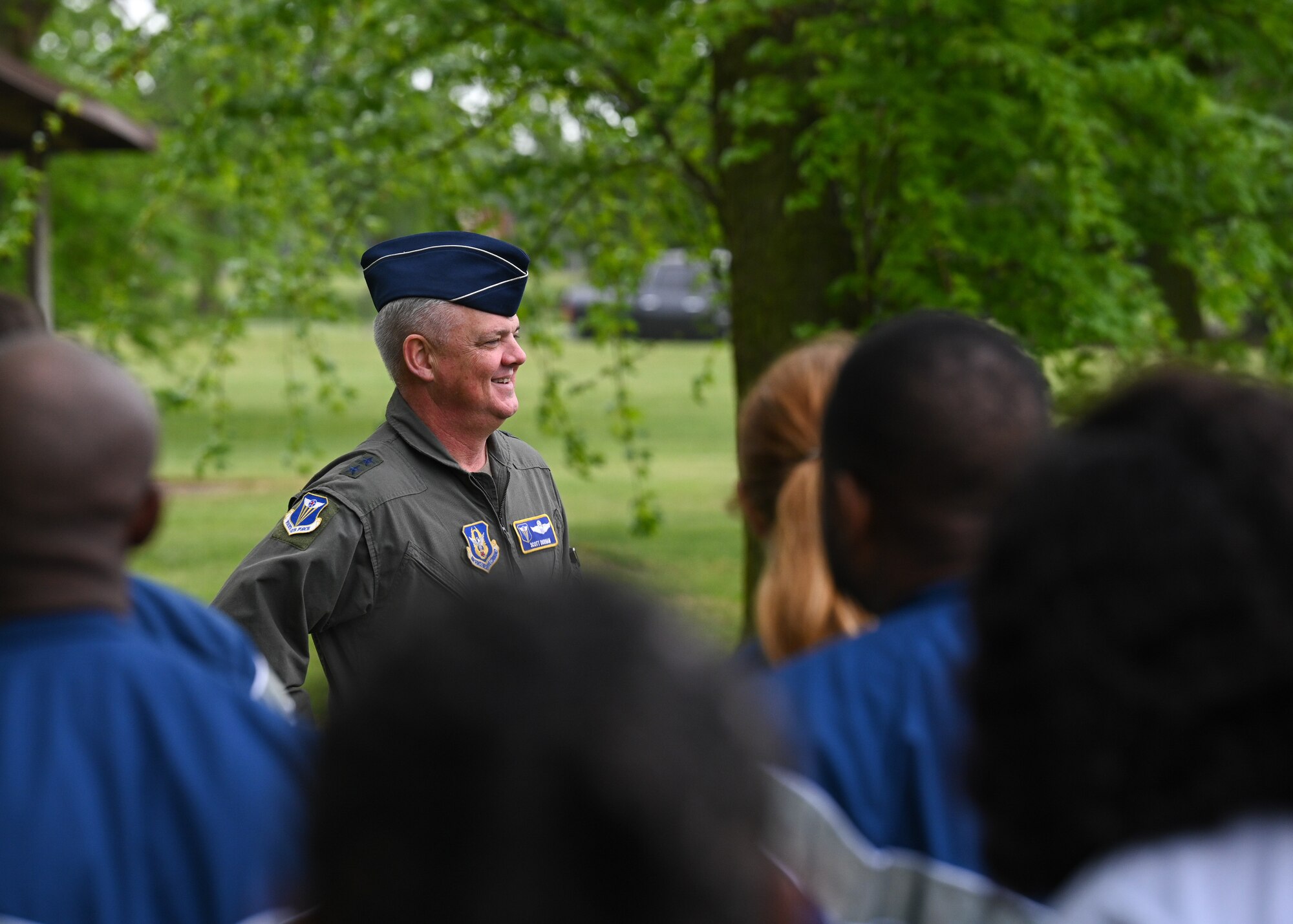 aj. Gen. D. Scott Durham, 4th Air Force commander, speaks to reservists from the 46th Aerial Port Squadron about resiliency before their annual Port Dawg Memorial Run May 5, 2024, on Dover Air Force Base, Delaware. The memorial run honors fallen U.S. Air Force aerial port members. (U.S. Air Force photo by Senior Airman John Rossi)