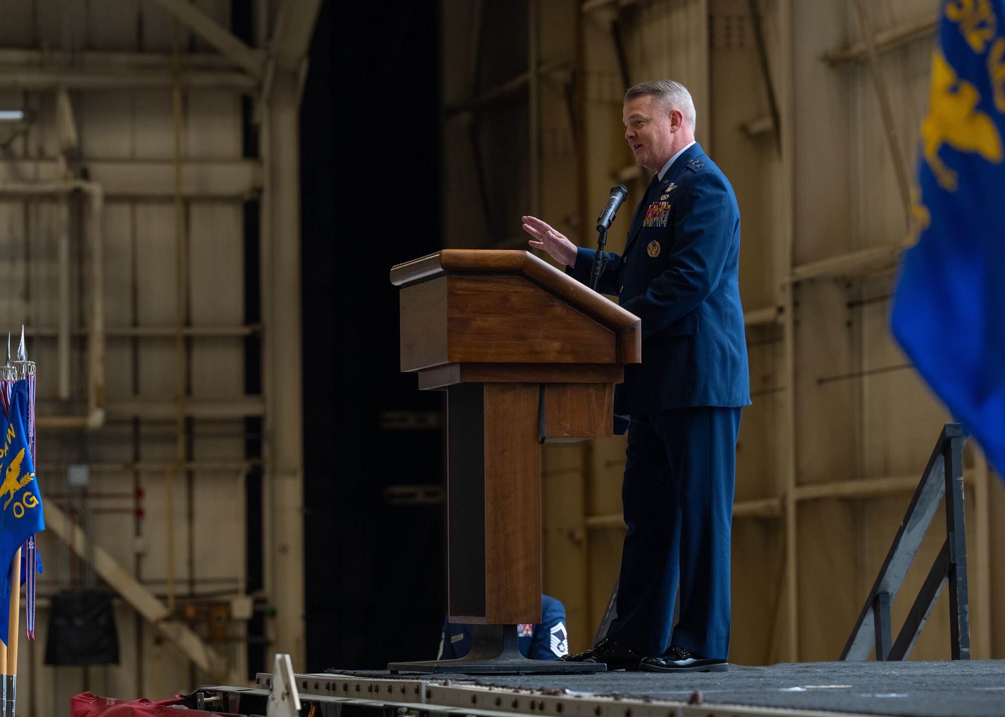 Maj. Gen. D. Scott Durham, 4th Air Force commander, March Air Reserve Base, California, shares remarks during Col. Eric J. Rivero’s assumption of command ceremony on Dover Air Force Base, Delaware, May 4, 2024. Durham presided over the ceremony and provided words of wisdom to Rivero before he officially assumed command of the 512th Airlift Wing. (U.S. Air Force photo by Senior Airman John Rossi)