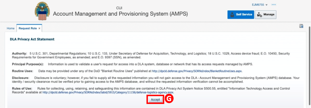 The user must Accept the DLA Privacy Act Statement when utilizing AMPS.