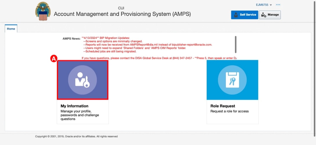 AMPS My Information button selected on home page