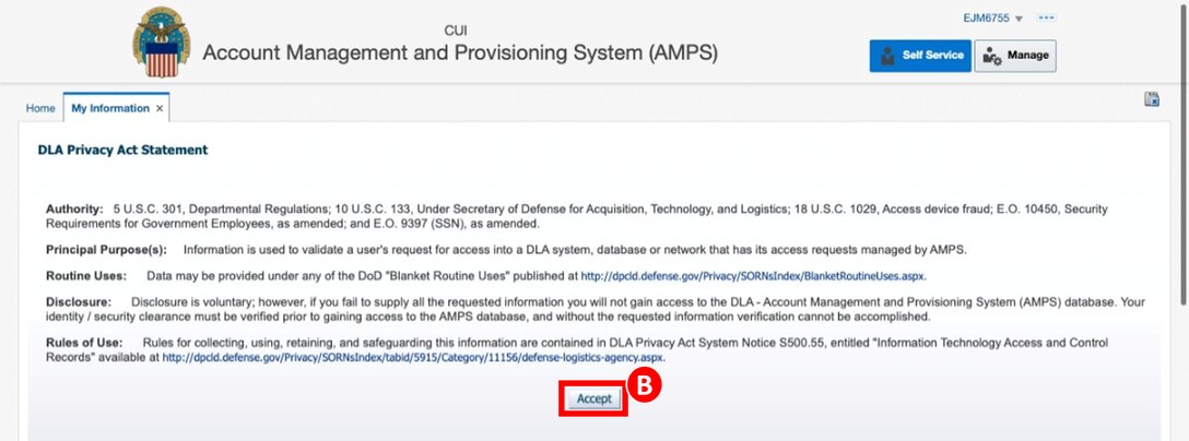 When beginning to request the RPPOB Role in AMPS the user must Accept the DLA Privacy Act Statement.
