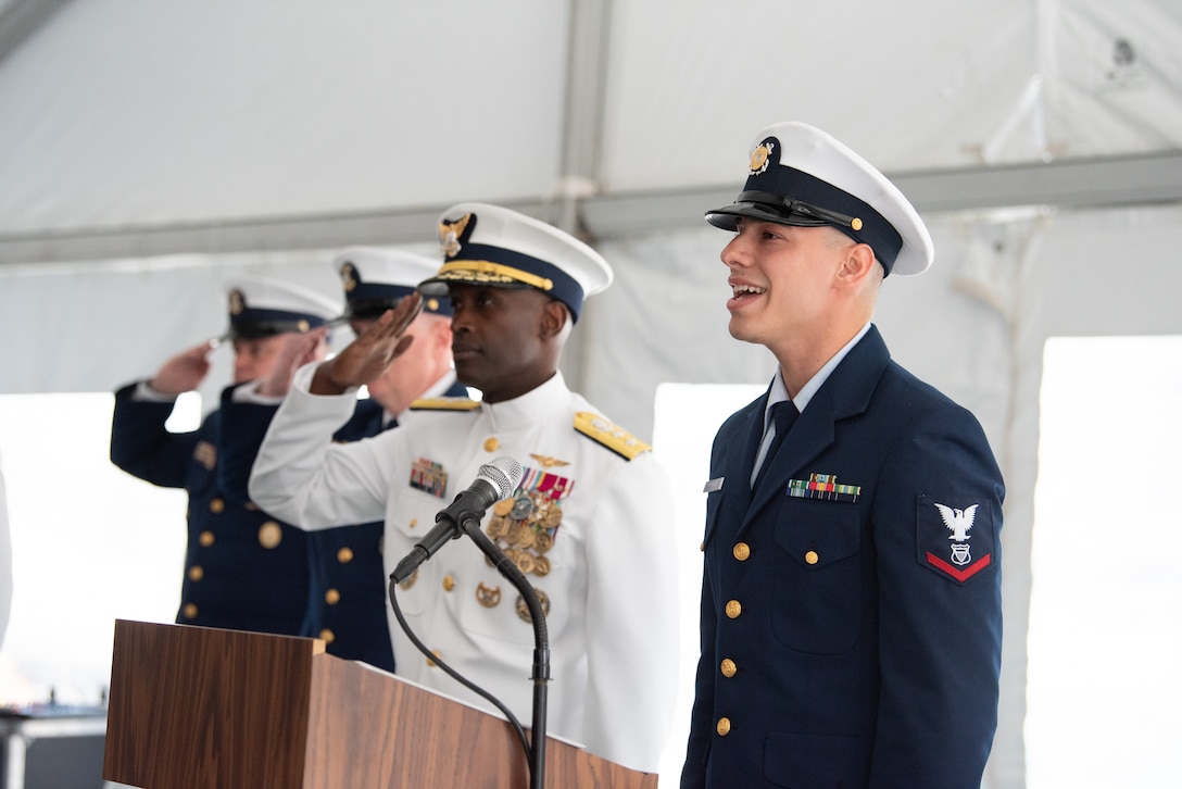 On Friday, May 10, 2024, the Coast Guard held a change of command ceremony for the First Coast Guard District commander at Coast Guard Base Boston.
During the ceremony, Rear Adm. Michael Platt relieved Rear Adm. John Mauger as the commander of the First Coast Guard District, as the first African-American servicemember to assume the role. Adm. Linda Fagan, Commandant of the U.S. Coast Guard, presided over the ceremony.