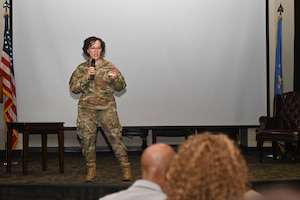 U.S. Air Force Brig. Gen. Lisa Craig, Air Force Recruiting Service deputy commander, speaks at Pathways to Success, an event hosted by the Integrated Resiliency Office, April 22, 2024, at MacDill Air Force Base, Florida. The symposium was inspired from the game of “LIFE.” The first day was aimed toward leaders in the community, highlighting the importance of mentoring today’s youth. (U.S. Air Force photo by Senior Airman Jessica Do)