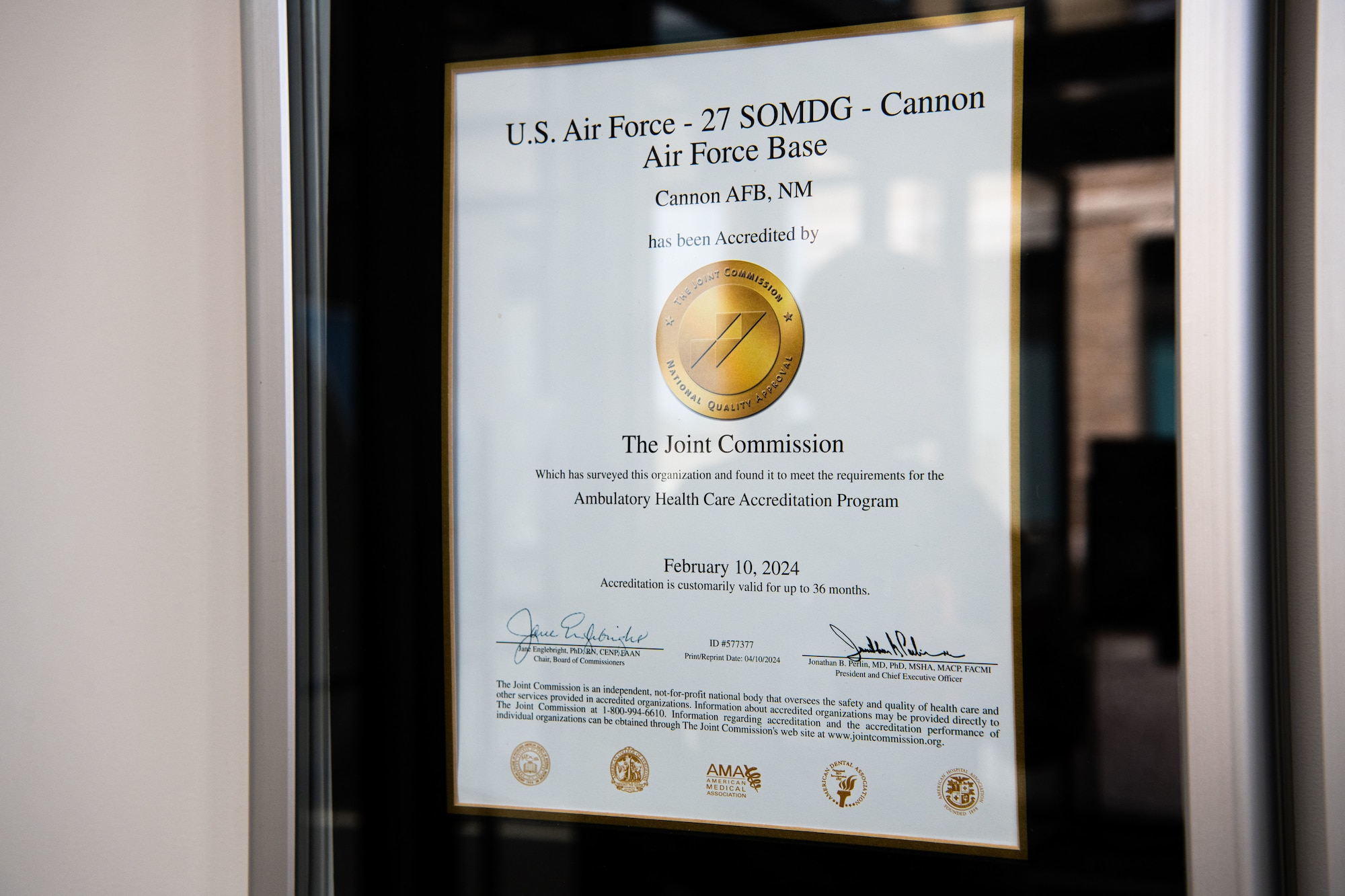 The 27th Special Operations Medical Group accreditation from The Joint Commission displayed at the 27 SOMDG clinic on Cannon Air Force Base, New Mexico, May 10, 2024. The 27 SOMDG gained The Gold Seal of Approval ® from the Joint Commission by undergoing a rigorous, unannounced site visit. The Joint Commission is the nation’s leading and most widely recognized healthcare performance improvement organization, and their accreditations and certifications are a nationally recognized distinction. (U.S. Air Force photo by Staff Sgt. Vernon R. Walter III)