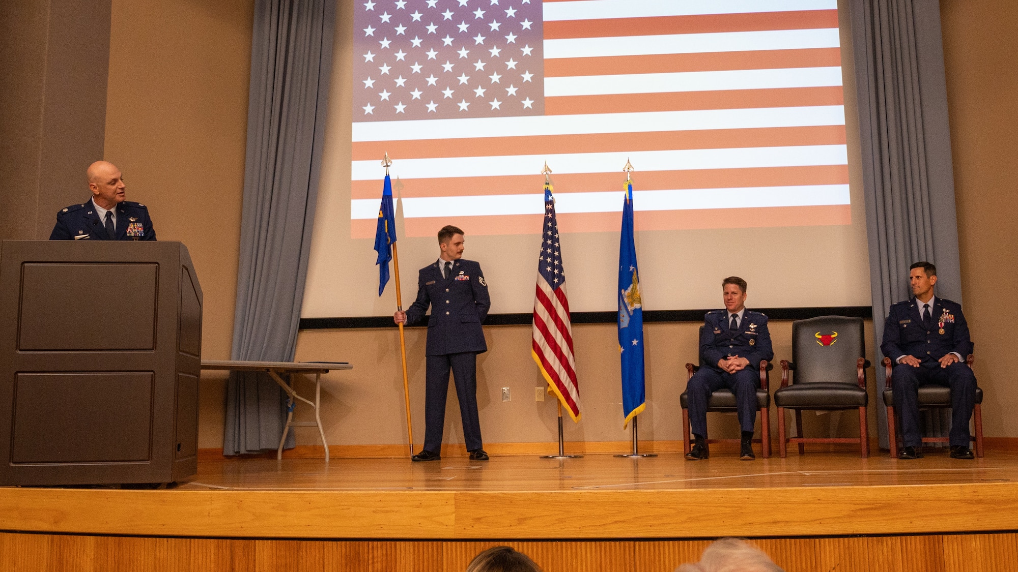 U.S. Air Force Lt. Col. Johnathan Radtke, gives a speech after becoming the 87th Flying Training Squadron commander at the 87th FTS change of command ceremony at Laughlin Air Force Base, Texas, May 9, 2024. As commander, Radtke will oversee 57 Airmen engaged in executing more than 11,870 T-38C Talon sorties yearly. (U.S. Air Force photo by Staff Sgt. Nicholas Larsen)