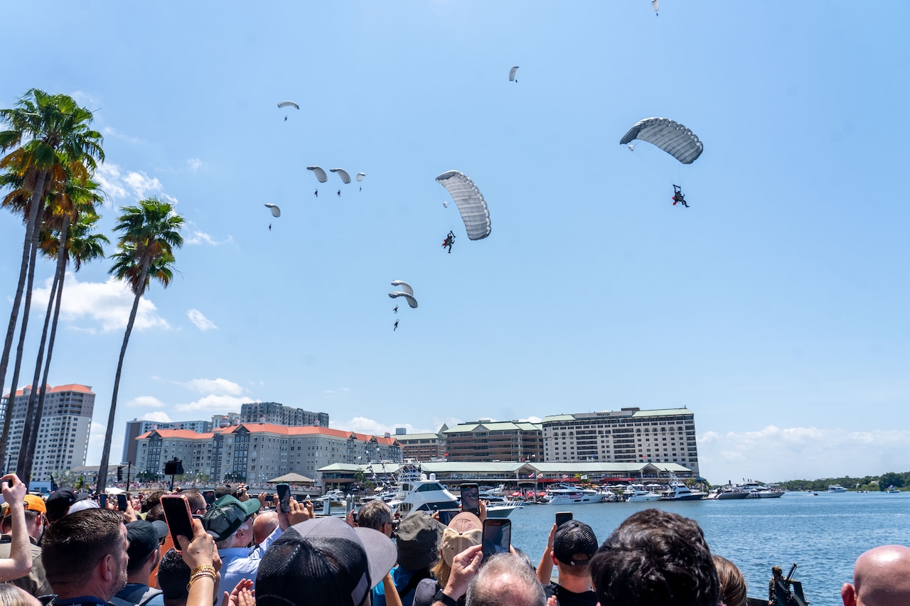 A crowd of people are looking up at the sky, where roughly 10 parachutists are descending toward the water below. There are palm trees and buildings in the background.
