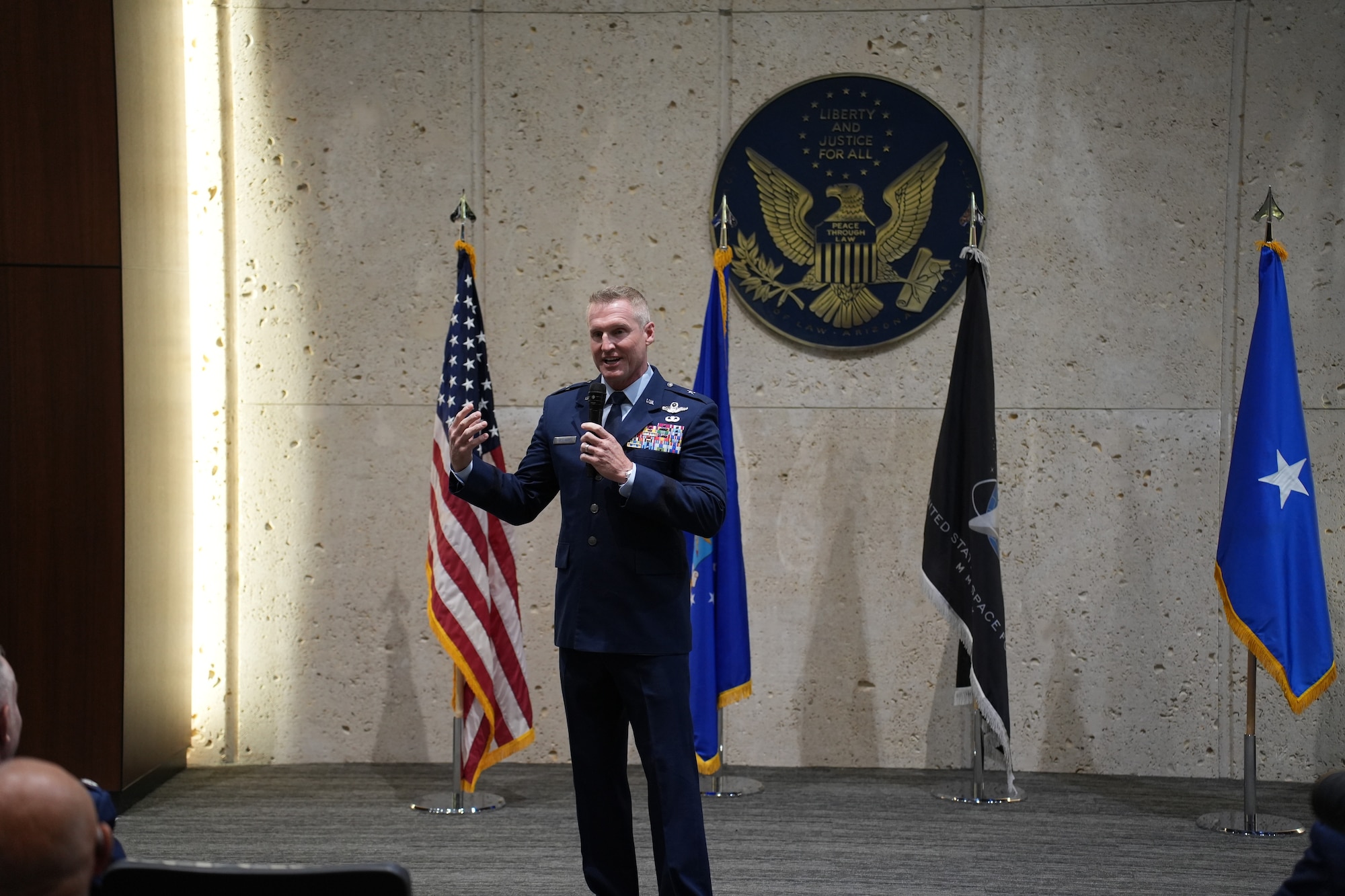 U.S. Air Force Brig. Gen. Jason Rueschhoff, 56th Fighter Wing commander, speaks at the Air Force Reserve Officer Training Corps Detachment 025’s Commissioning Ceremony May 8, 2024, at Arizona State University, Arizona.
