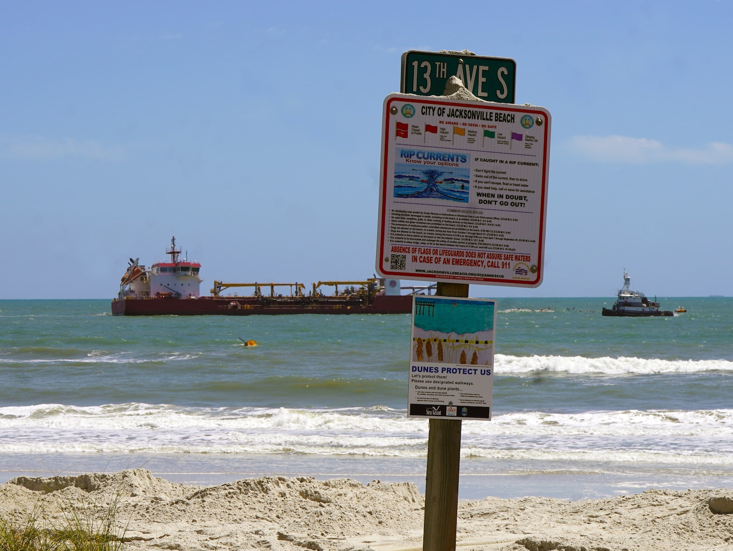 A dredge barge sends sand to the Jacksonville Beach.  The Duval County Shore Protection Project was initially constructed in 1978-80 and includes approximately 10 miles of coastline in northeast Florida. Specific areas include Naval Station Mayport, Hanna Park, Atlantic Beach, Neptune Beach and Jacksonville Beach.