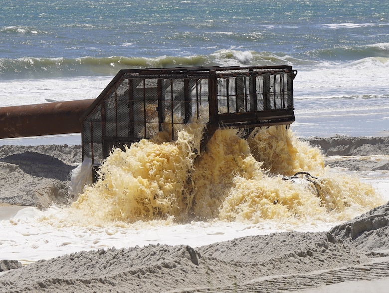 A dredge barge sends sand to the Jacksonville Beach.  The Duval County Shore Protection Project was initially constructed in 1978-80 and includes approximately 10 miles of coastline in northeast Florida. Specific areas include Naval Station Mayport, Hanna Park, Atlantic Beach, Neptune Beach and Jacksonville Beach.