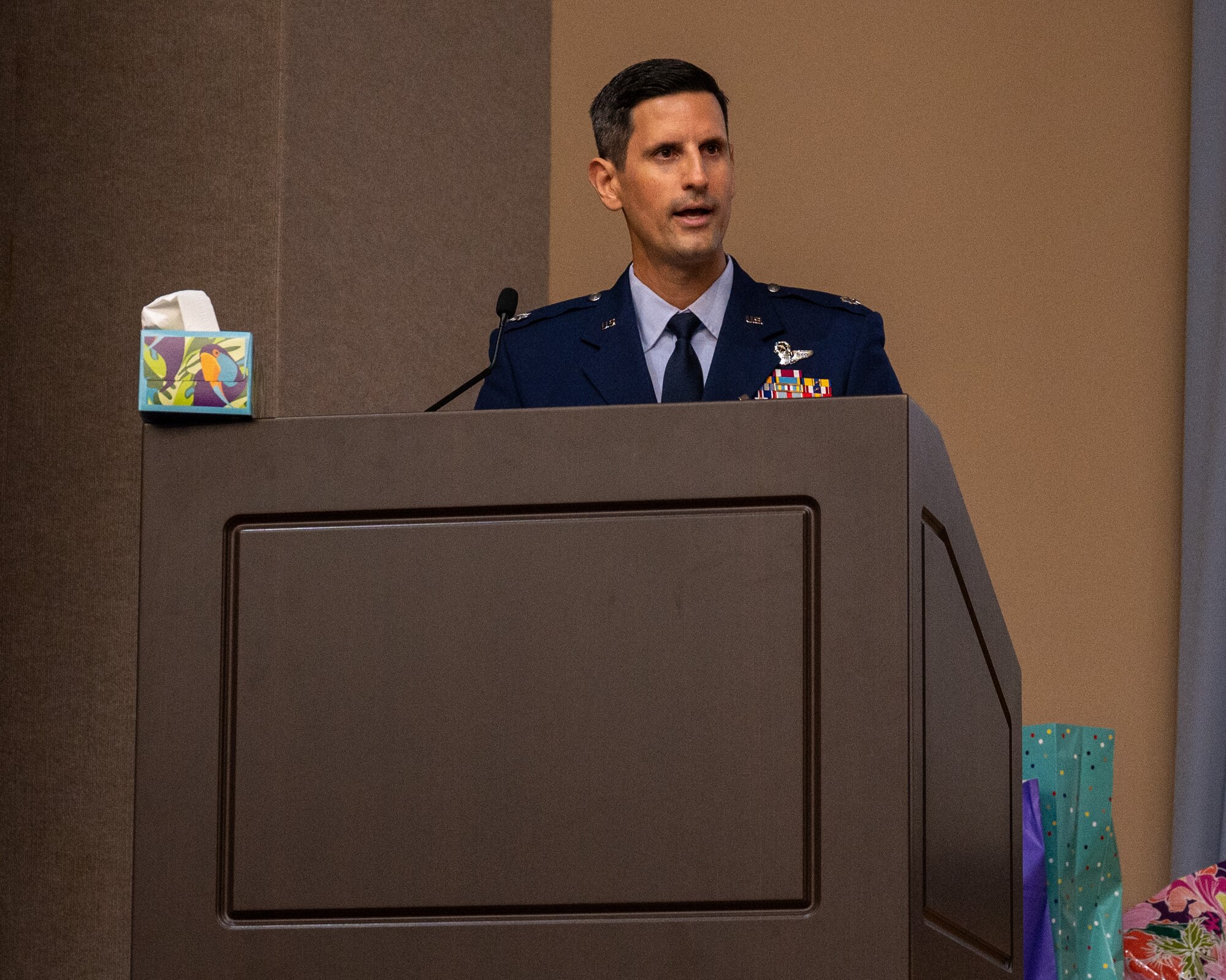 U.S. Air Force Lt. Col. Christopher Johansson, former 87th Flying Training Squadron (FTS) commander, gives a speech during the change of command ceremony at Laughlin Air Force Base, Texas, May 9, 2024. During his time in command, he oversaw the 87th FTS being nominated for and winning several awards, including the 47th Operations Group unit of the year, 2023 Wing Safety Championship award and a wing nomination for the 19th Air Force Top Operations Squadron Award. (U.S. Air Force photo by Staff Sgt. Nicholas Larsen)