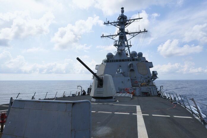 SOUTH CHINA SEA (May 10, 2024) The Arleigh Burke-class guided-missile destroyer USS Halsey (DDG 97) conducts routine underway operations in the South China Sea, May 10, 2024. Halsey is forward-deployed and assigned to Destroyer Squadron (DESRON) 15, the Navy’s largest DESRON and the U.S. 7th Fleet’s principal surface force. (U.S. Navy photo by Mass Communication Specialist 3rd Class Ismael Martinez)