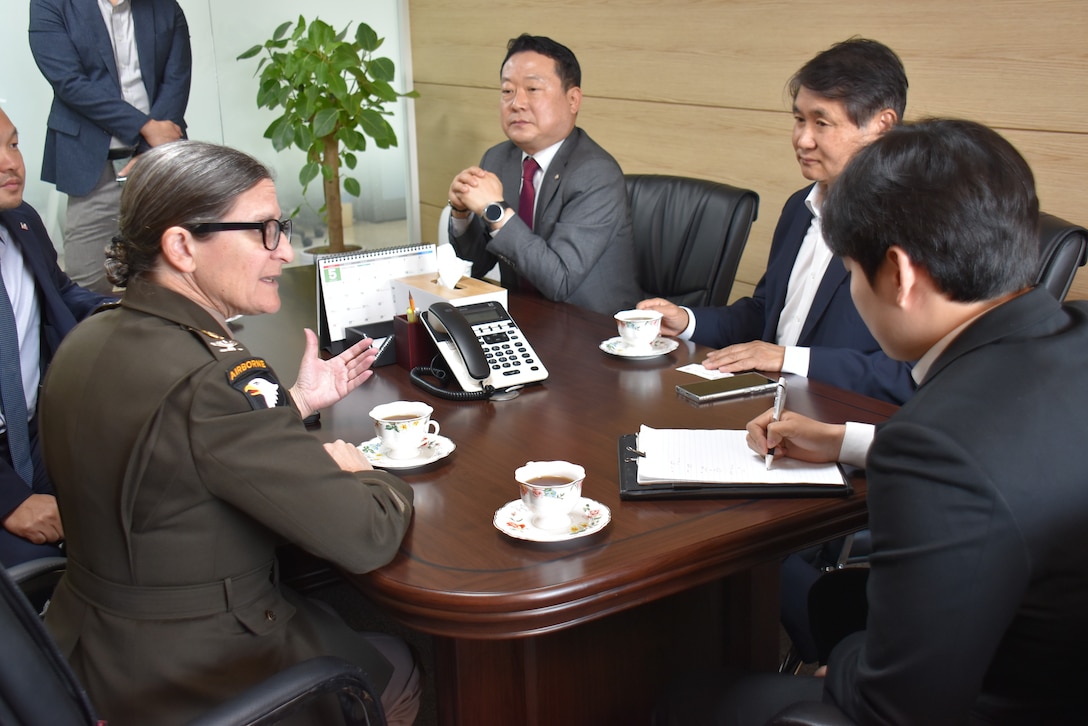 Col. Heather Levy, commander, U.S. Army Corps of Engineers – Far East District, engages with Mr. Song, Jun Ki, Head of Tech. Operation Department, Korean Elevator Safety Agency (KoELSA); and Mr. Yi, Min Kwon, vice president, Korean Lift Agency (KOLA); ahead of a joint industry day held in Seoul, South Korea, on May 3, 2024.