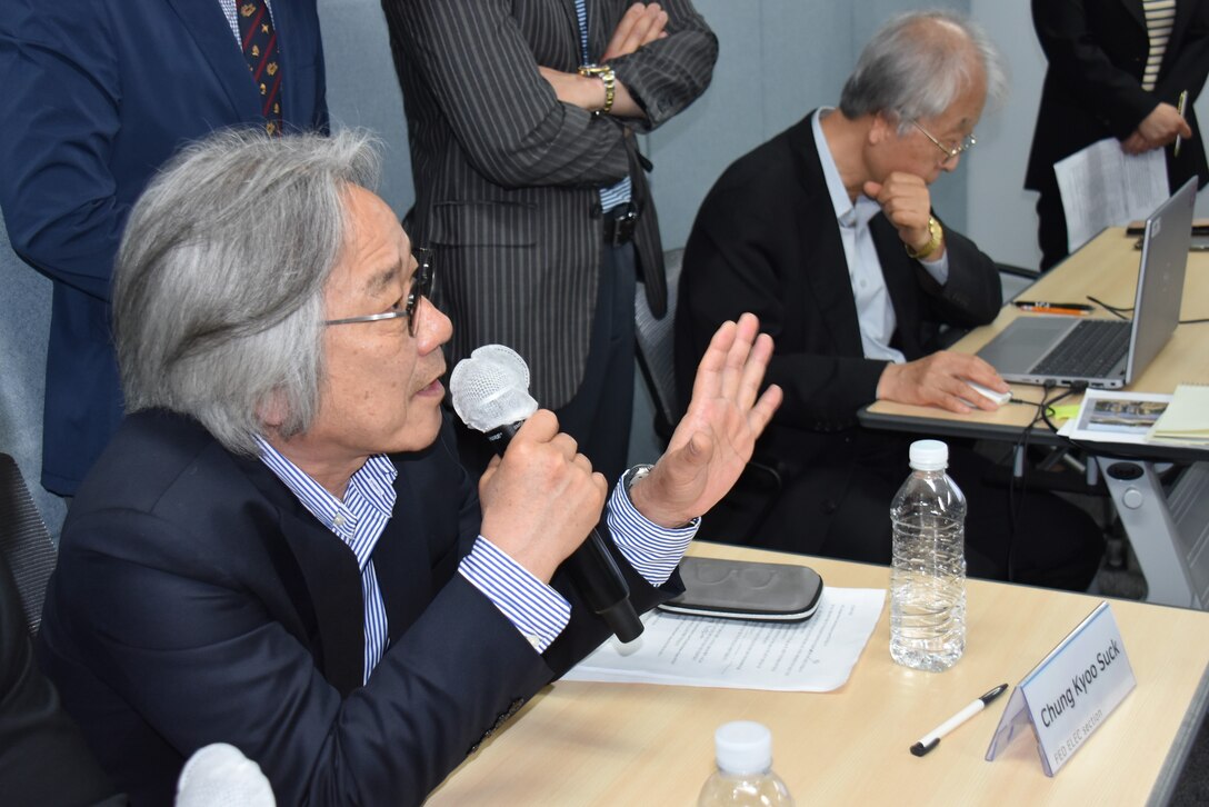 Mr. Chung, Kyoo Suk, Electrical Engineering Section Chief, U.S. Army Corps of Engineers - Far East District, answers questions about FED's updated elevator specifications during an industry day hosted by the district, Korean Lift Association (KOLA) and the Korean Elevator Safety Agency (KoELSA) in Seoul, South Korea, on May 3, 2024.