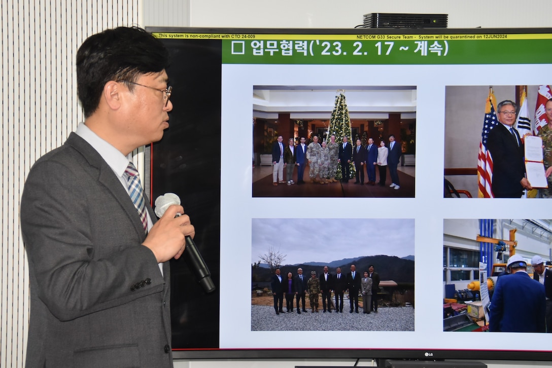 Mr. Insung Park, Design Branch Chief, U.S. Army Corps of Engineers - Far East District, presents updated elevator design specifications during an industry day in Seoul, South Korea, on May 3, 2024.