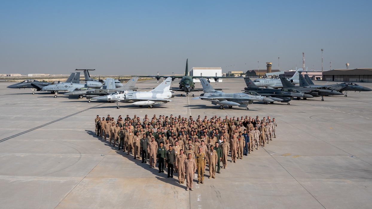 Aircrew from 10 different countries along with 12 airframes pose for a group photo after they participate in Desert Flag 2024, located within the U.S. Central Command area of responsibility, hosted by the United Arab Emirates, April 21 to May 10, 2024. Desert Flag is a Red Flag-style exercise and is intended to build upon a cohesive fighting force in the defense of the Arabian Peninsula. Along with the U.S., the participating countries include: France, Germany, Kuwait, Oman, Saudi Arabia, South Korea, Turkey, UAE, and the United Kingdom. (U.S. Air Force Photo)