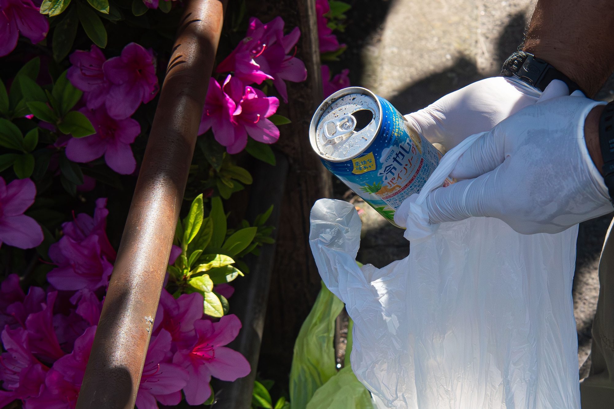 A hand places a metal can into a garbage bag.