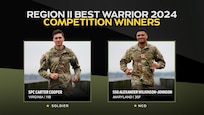Spc. Carter Cooper of the Virginia National Guard and Staff Sgt. Alexander Wilkinson-Johnson of the Maryland National Guard were named the National Guard Bureau’s Region Il Best Warriors for 2024 in the Soldier of the Year and Noncommissioned Officer categories at Aberdeen Proving Ground-Edgewood Arsenal, Maryland, May 10, 2024.