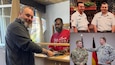 Stephen Davis, a transportation specialist with Logistics Readiness Center Ansbach, has two brothers who also work in logistics with the military. Pictured here (top photo), Davis, who is retired Air Force, poses for a photo in 2007 with his brother, Jefferey Davis, who is retired Coast Guard, and (bottom photo), at his retirement ceremony in 2017, Davis talks to his brother, Jonathan Davis, who is an Army captain. (U.S. Army courtesy photo)