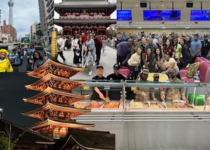 A collage of photos taken in Japan that includes U.S. Air Force Airmen in both their uniforms and in civilian clothes.