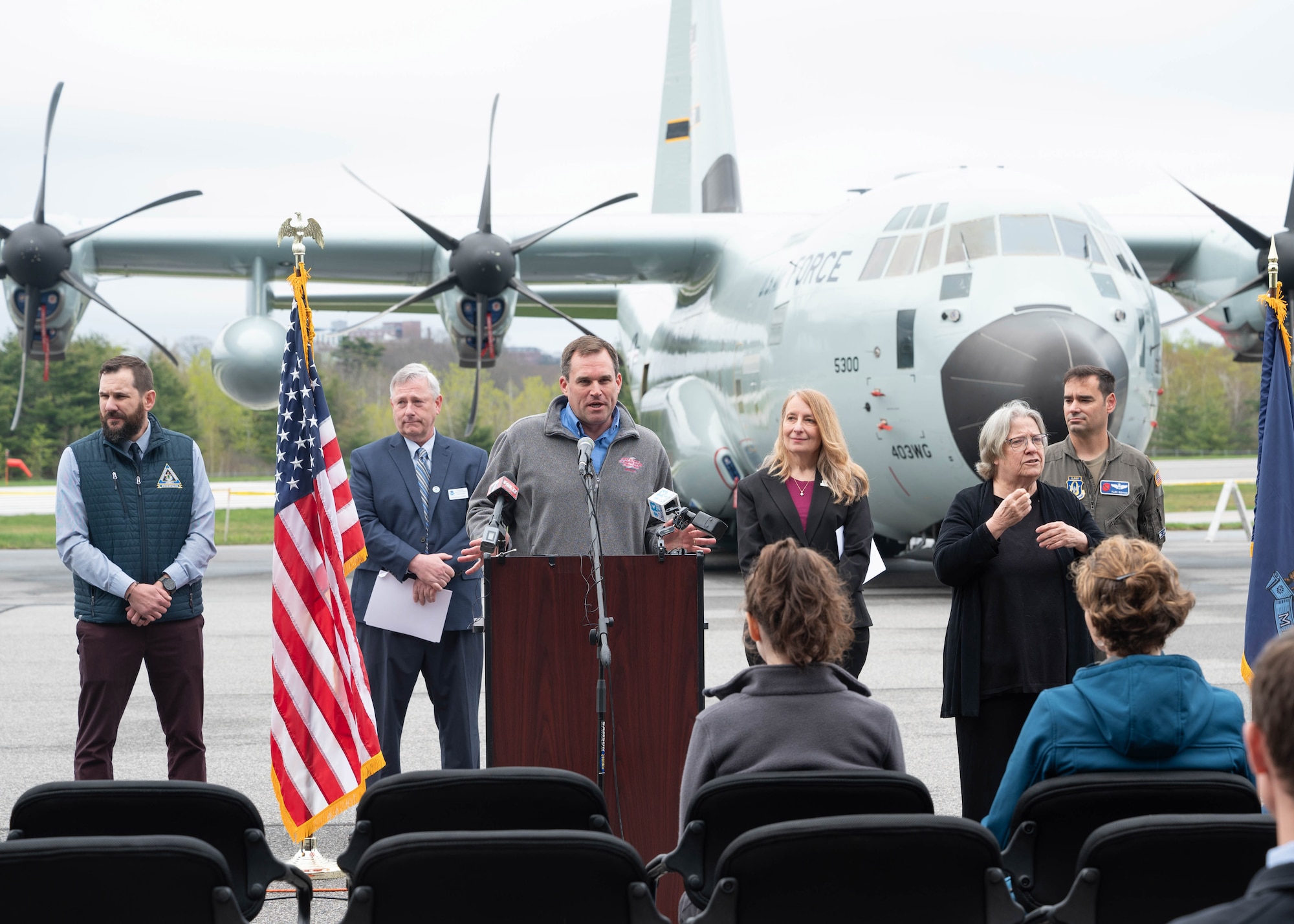 NHC director briefing press on flightline in Maine