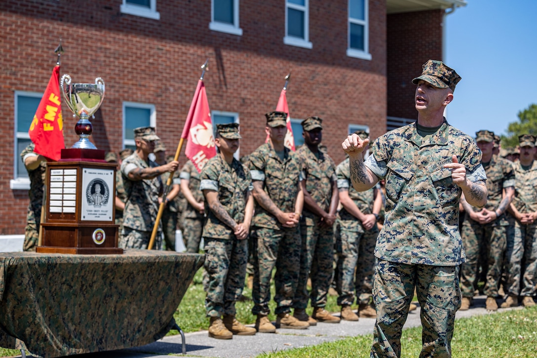 U.S. Marine Corps Sgt. Maj. David A. Wilson, the sergeant major of II Marine Expeditionary Force (MEF) speaks with the Marines and Sailors of Battalion Landing Team 1/6, 26th Marine Expeditionary Unit (Special Operations Capable), during an award ceremony for the II MEF “Lt. Gen. Chesty Puller” Outstanding Leadership Award, Marine Corps Base Camp Lejeune, North Carolina, May 7, 2024. The II MEF Lieutenant General “Chesty” Puller Award is awarded to units within the II MEF that showed outstanding ability and superior performance in supporting the mission of the II MEF within the past year. (U.S. Marine Corps photo by Cpl. Rafael Brambila-Pelayo)