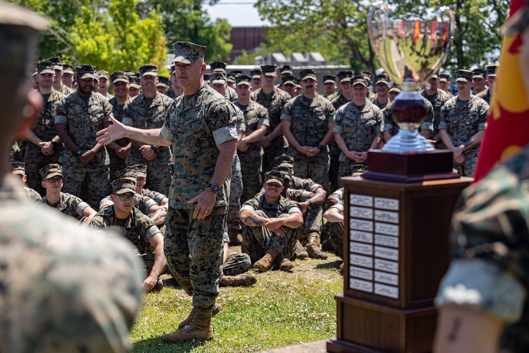 U.S. Marine Corps Lt. Gen. David A. Ottignon, the commanding general of II Marine Expeditionary Force (MEF) Speaks with the Marines and Sailors of Battalion Landing Team 1/6, 26th Marine Expeditionary Unit (Special Operations Capable) during an award ceremony for the II MEF “Lt. Gen. Chesty Puller” Outstanding Leadership Award, Marine Corps Base Camp Lejeune, North Carolina, May 7, 2024. The II MEF Lieutenant General “Chesty” Puller Award is awarded to units within the II MEF that showed outstanding ability and superior performance in supporting the mission of the II MEF within the past year. (U.S. Marine Corps photo by Cpl. Rafael Brambila-Pelayo)