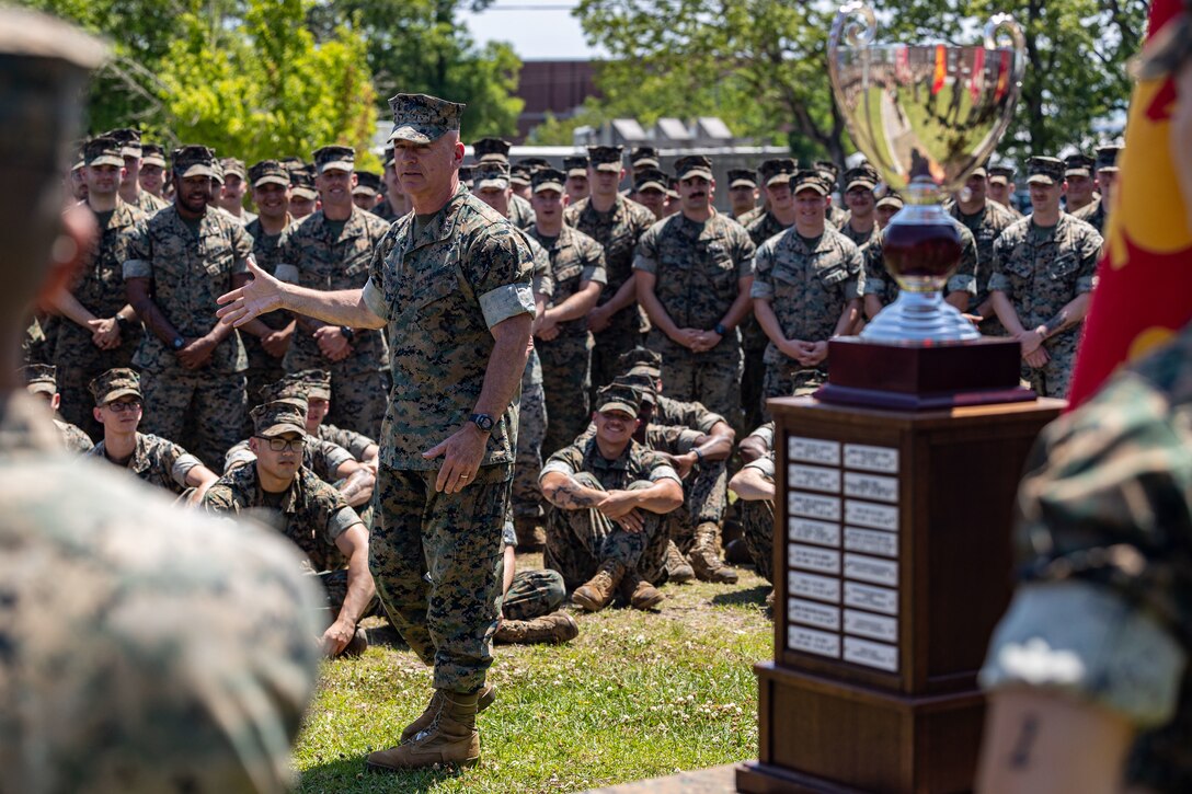 U.S. Marine Corps Lt. Gen. David A. Ottignon, the commanding general of II Marine Expeditionary Force (MEF) Speaks with the Marines and Sailors of Battalion Landing Team 1/6, 26th Marine Expeditionary Unit (Special Operations Capable) during an award ceremony for the II MEF “Lt. Gen. Chesty Puller” Outstanding Leadership Award, Marine Corps Base Camp Lejeune, North Carolina, May 7, 2024. The II MEF Lieutenant General “Chesty” Puller Award is awarded to units within the II MEF that showed outstanding ability and superior performance in supporting the mission of the II MEF within the past year. (U.S. Marine Corps photo by Cpl. Rafael Brambila-Pelayo)