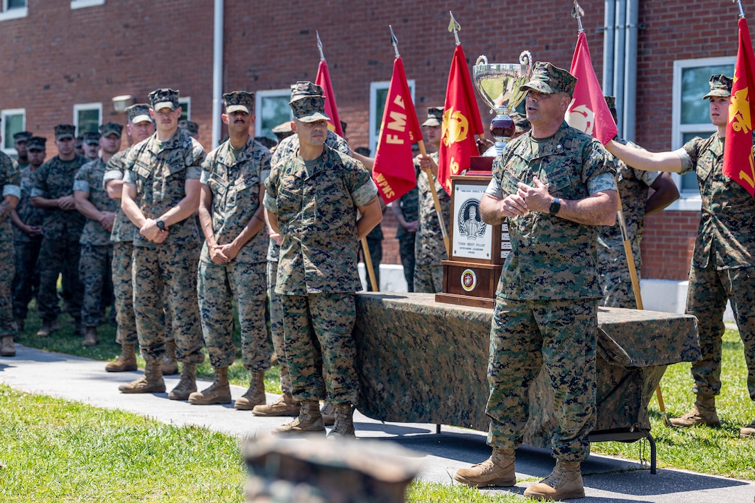 U.S. Marine Corps Lt. Col. Scott H. Helminski, the commanding officer Battalion Landing Team (BLT) 1/6 Speaks with the Marines and Sailors of BLT 1/6, 26th Marine Expeditionary Unit (Special Operations Capable) during an award ceremony for the II MEF “Lt. Gen. Chesty Puller” Outstanding Leadership Award, Marine Corps Base Camp Lejeune, North Carolina, May 7, 2024. The II MEF Lieutenant General “Chesty” Puller Award is awarded to units within the II MEF that showed outstanding ability and superior performance in supporting the mission of the II MEF within the past year. (U.S. Marine Corps photo by Cpl. Rafael Brambila-Pelayo)