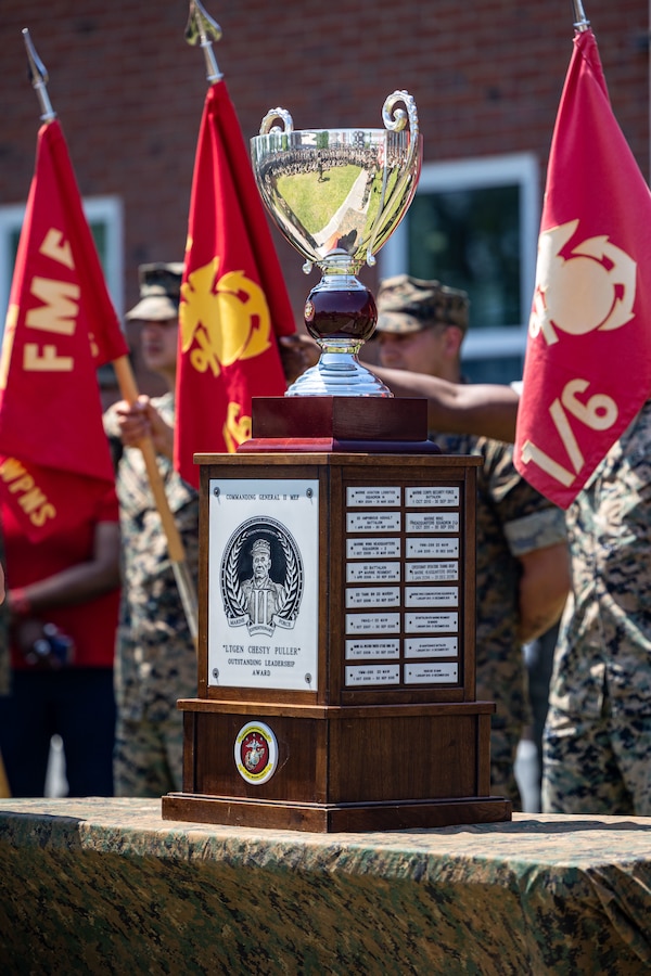 The II Marine Expeditionary Force “Lt. Gen. Chesty Puller” Outstanding Leadership Award is displayed during an award ceremony for Battalion Landing Team 1/6, 26th Marine Expeditionary Unit (Special Operations Capable), Marine Corps Base Camp Lejeune, North Carolina, May 7, 2024. The II MEF Lieutenant General “Chesty” Puller Award is awarded to units within the II MEF that showed outstanding ability and superior performance in supporting the mission of the II MEF within the past year. (U.S. Marine Corps photo by Cpl. Rafael Brambila-Pelayo)