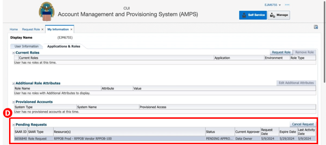 To confirm RPPOB Role Request was submitted properly the user must review the Pending Requests section under the Applications & Roles tab.