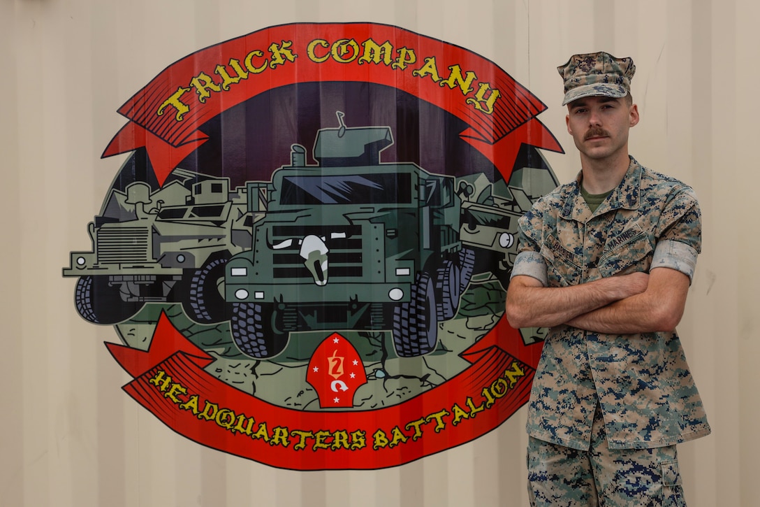 U.S. Marine Corps Cpl. Gage Barbieri, a Florida native and corporals course instructor with Headquarters Battalion, 2d Marine Division, poses for a photo on Camp Lejeune, North Carolina, April 4, 2024. Motor Transport operators are responsible for maintaining and operating both commercial and tactical vehicles. (U.S. Marine Corps photo by Cpl. Megan Ozaki)