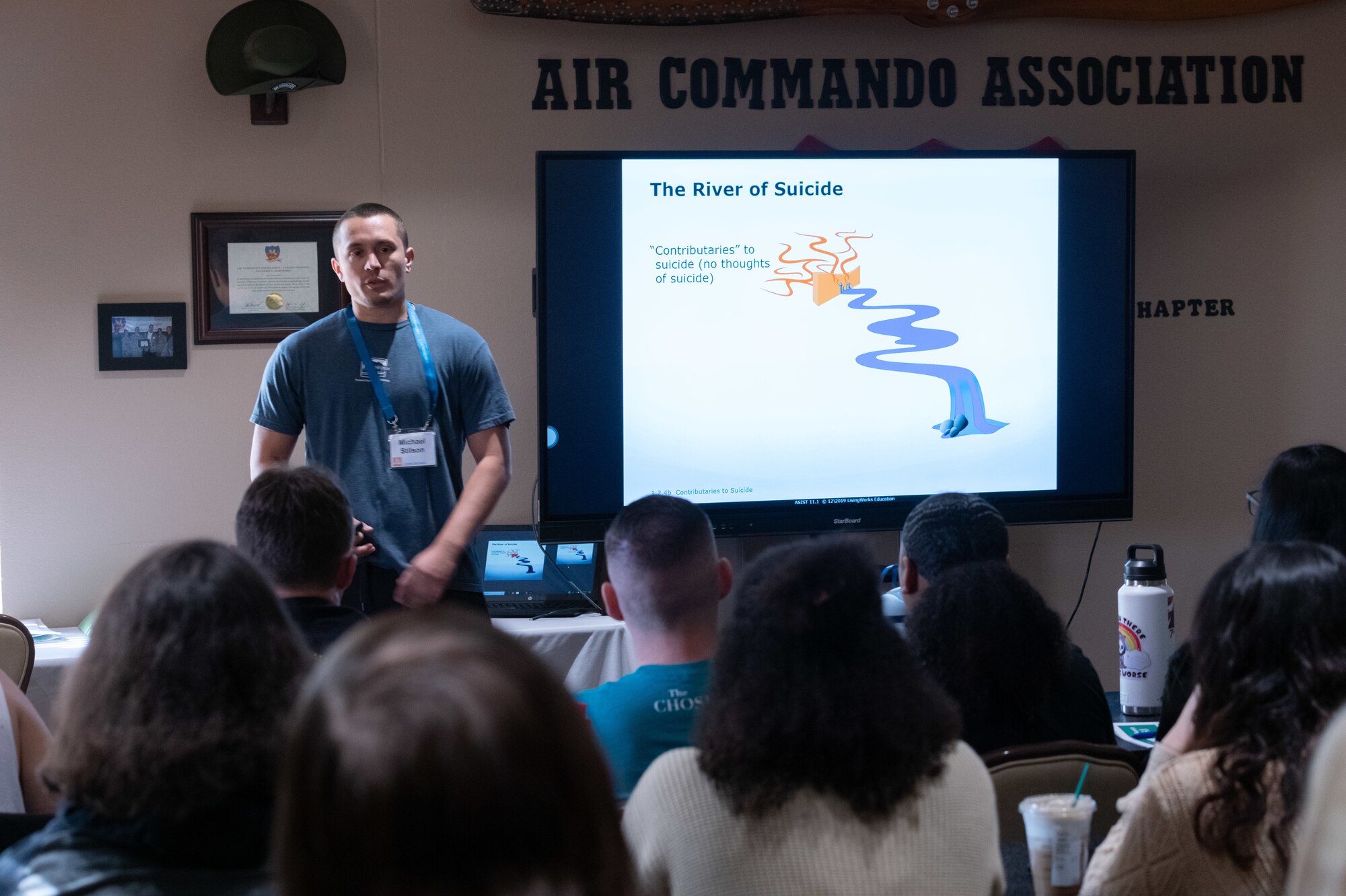 U.S. Air Force Master Sgt. Michael Stilson, Applied Suicide Intervention Skills Training (ASIST) trainer, gives a lecture to Air Commandos at Cannon Air Force Base, New Mexico, May 8, 2024. Stilson, the 1st Sgt. of the 354th Fighter Generation Squadron, traveled from Davis-Monthan Air Force Base, Arizona, to help train over 50 individuals during the two Cannon AFB workshops. (U.S. Air Force photo by Senior Airman Drew Cyburt)