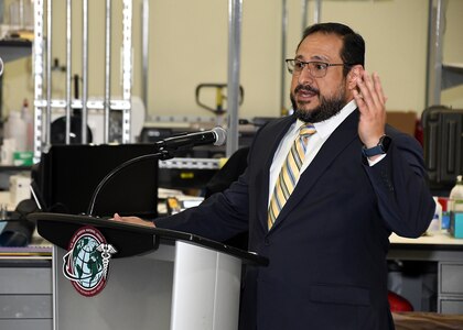 Jorge Magana-Cortez, director of the U.S. Army Medical Materiel Agency’s Medical Maintenance Management Directorate, speaks during a ribbon-cutting ceremony May 2 at Tobyhanna Army Depot. The ceremony celebrated the completion of a modernization project for USAMMA’s Medical Maintenance Operations Division on the Pennsylvania installation. (Photo Credit: C.J. Lovelace)